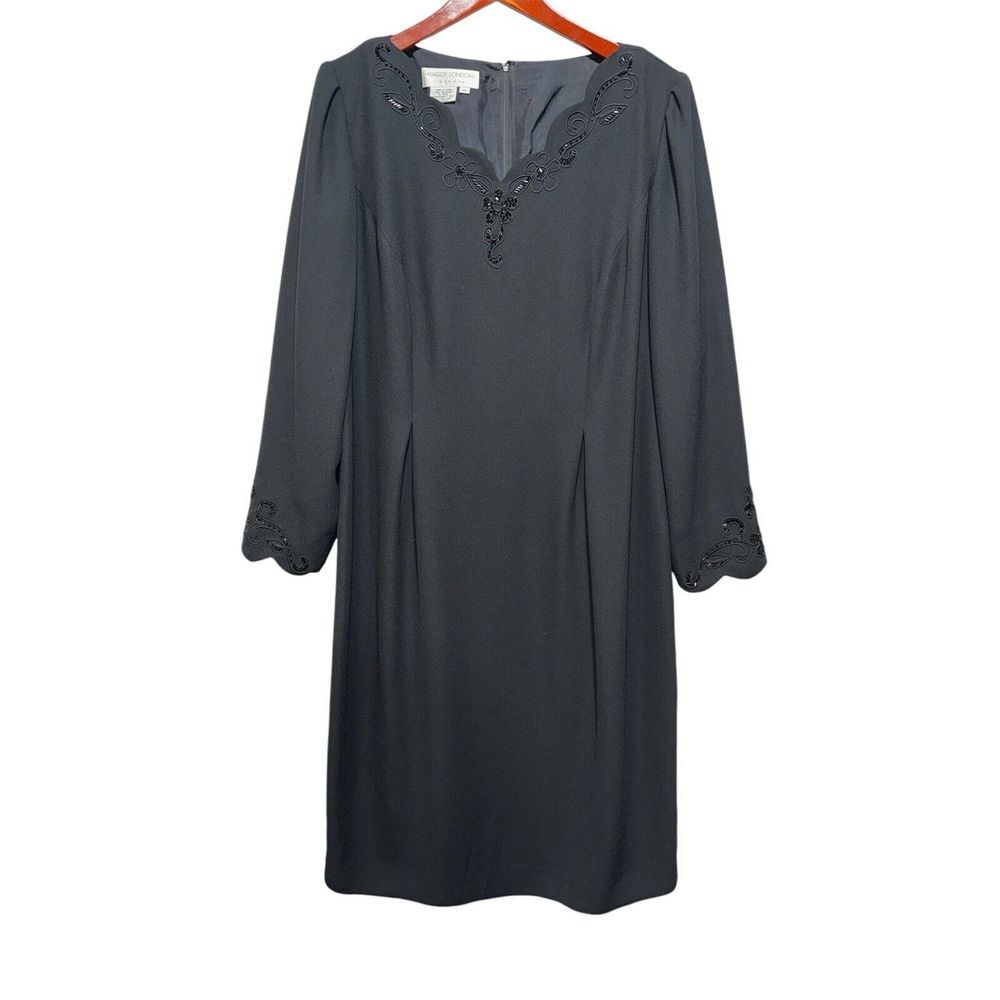 Maggy London Black Beaded Neckline Long Sleeve‎ Sheath Dress Size 14 Funeral